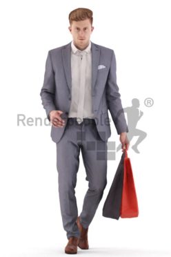 3d people business, young man walking with shopping bags