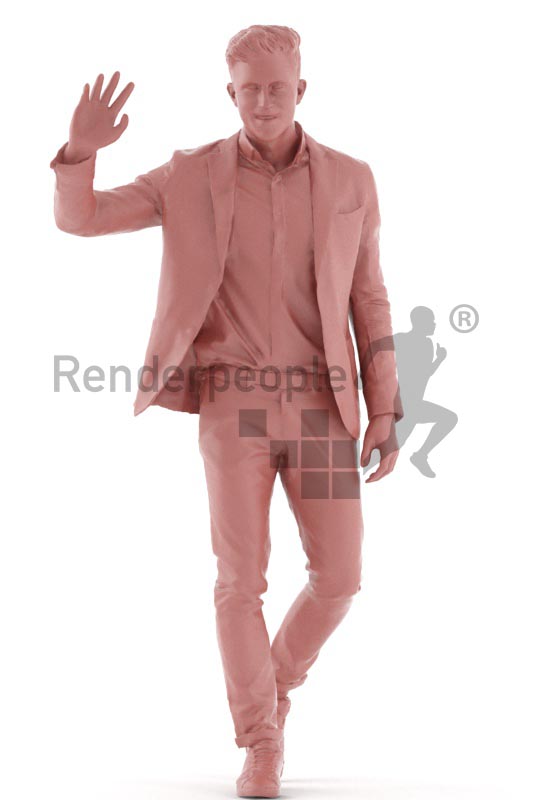 3d people business, young man walking and waving