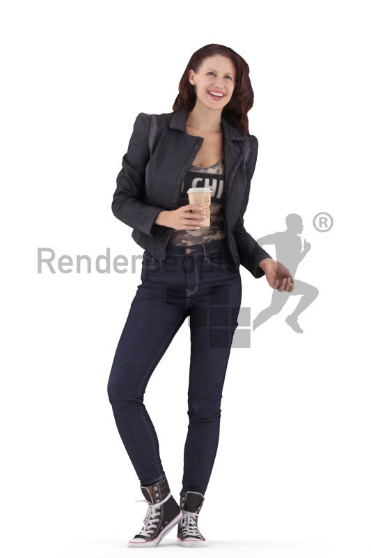 3d people casual, white 3d woman talking and holding cup
