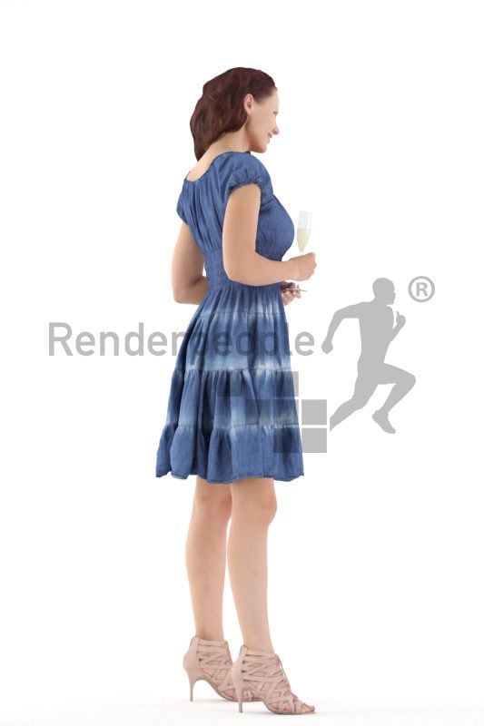 3D People model for 3ds Max and Blender - european woman in event look, standing with a champagne glass