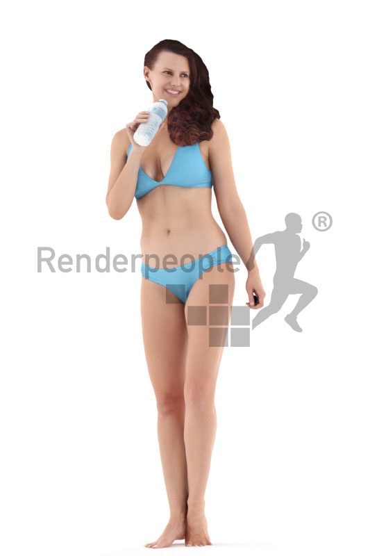 3d people swimwear, white 3d woman standing and drinking
