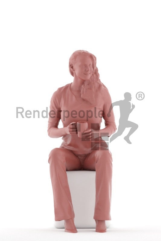 3d people casual, white 3d woman sitting and drinking coffee