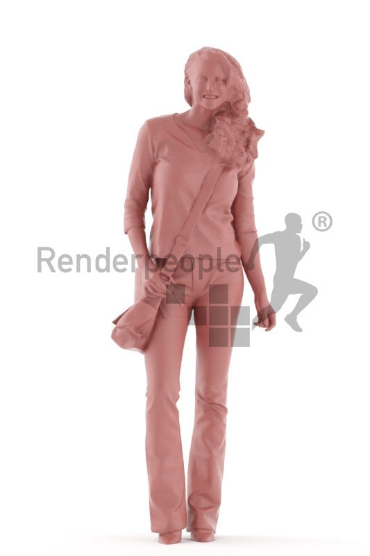 3d people casual, white 3d woman standing and carrying bag