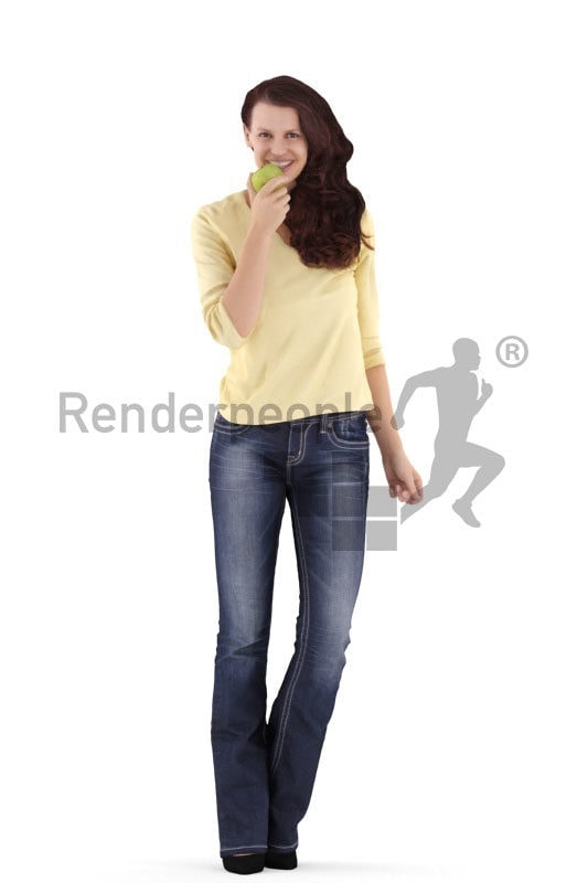 3d people casual, white 3d woman standing and eating apple