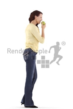 3d people casual, white 3d woman standing and eating apple