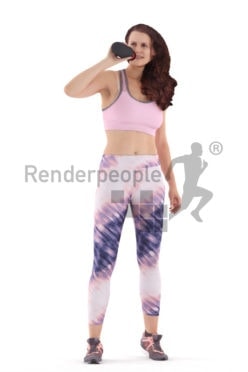 Realistic 3D People model by Renderpeople – white female in gym wear, standing and drinking
