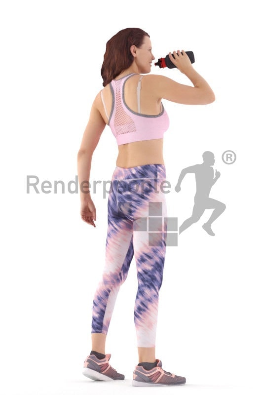 Realistic 3D People model by Renderpeople – white female in gym wear, standing and drinking