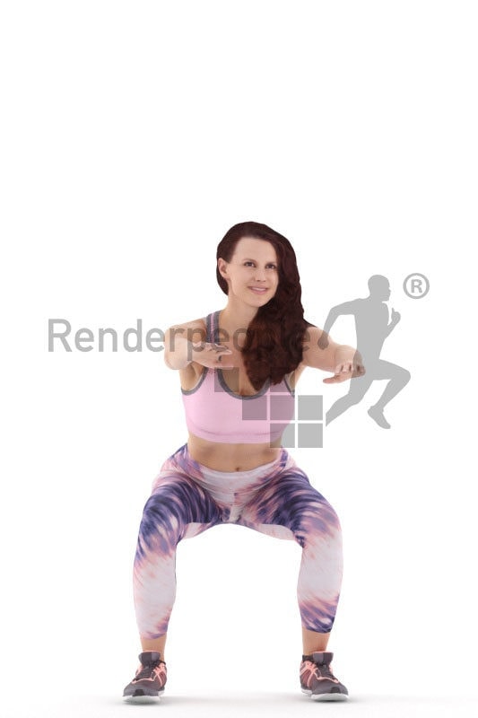 3d people sports, white 3d woman doing knee bends