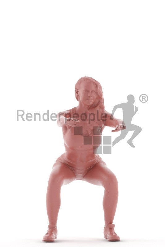 3d people sports, white 3d woman doing knee bends