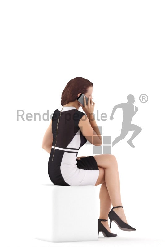 Photorealistic 3D People model by Renderpeople – european woman in a chic event look, sitting and calling