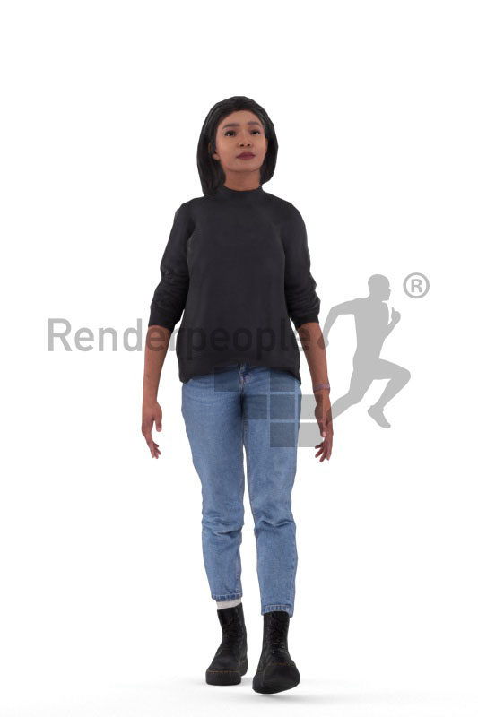 3D People model for animations – black woman in relaxed casual style with boots,walking