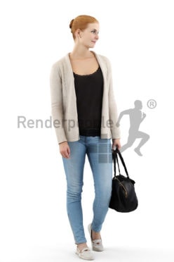3d people shopping, white 3d woman with red hair carrying her purse