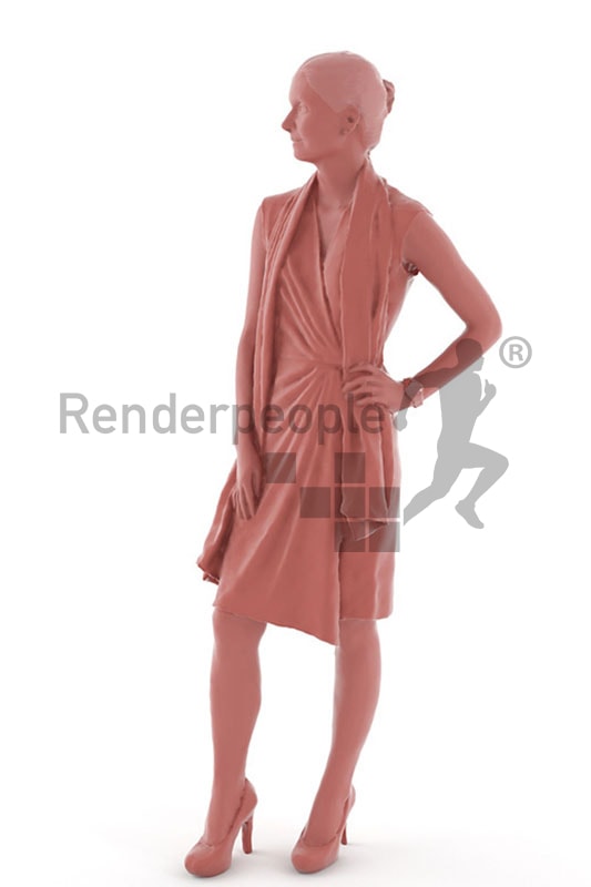 3d people event, white 3d woman with red hair in evening dress