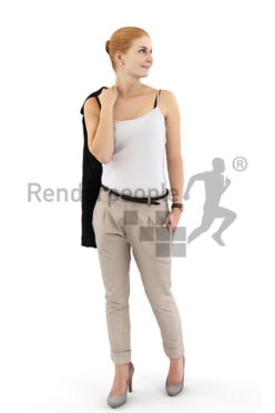 3d people casual, white 3d woman with red hair looking over her shoulder