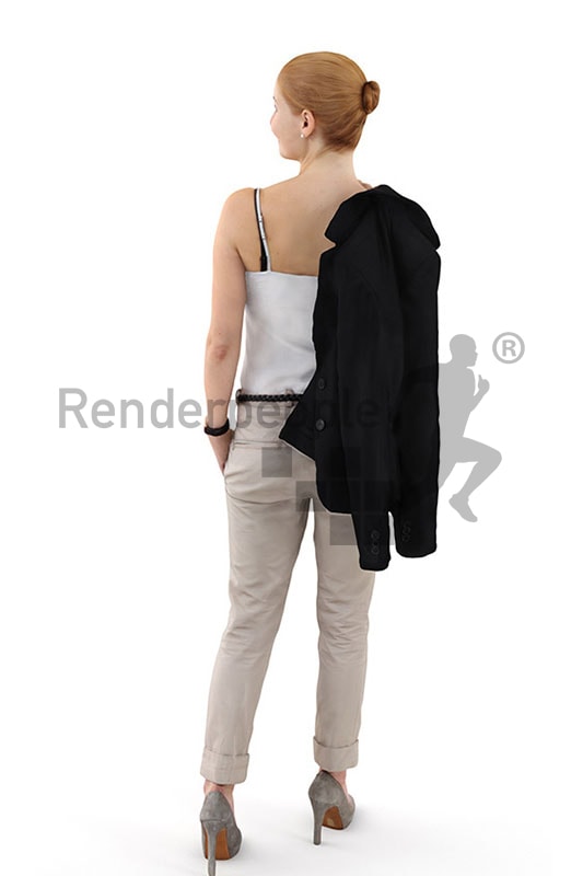 3d people casual, white 3d woman with red hair looking over her shoulder