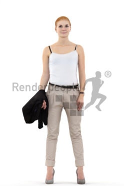 3d people casual, white 3d woman standing and holding her jacket