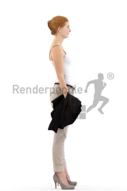 3d people casual, white 3d woman standing and holding her jacket