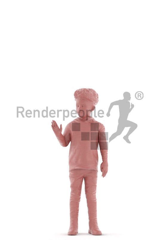 Animated 3D People model for visualization – black kid in casual hoodie, standing and waving