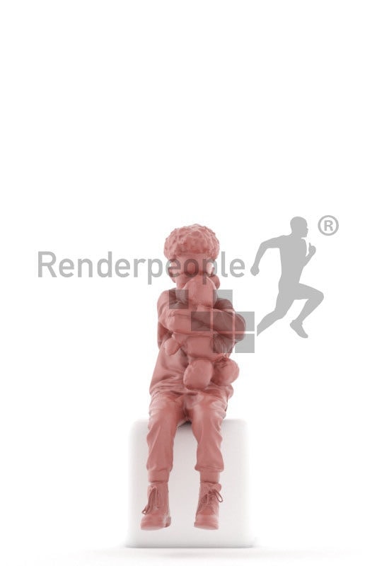 3d people casual, 3d black kid, sitting and cuddling with his soft toy