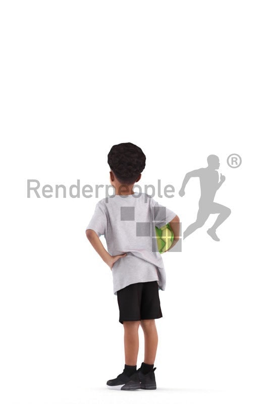 3d people sports, 3d black kid, standing with a ball
