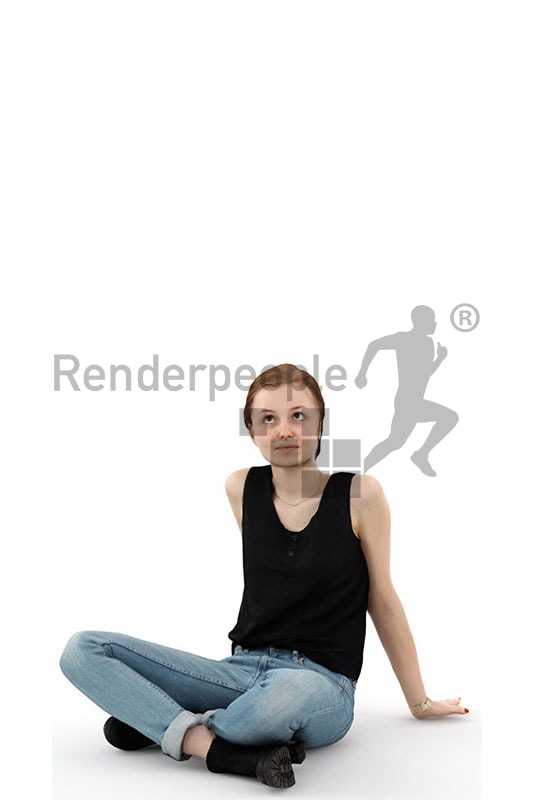 3d people casual, white blond 3d woman sitting on the floor