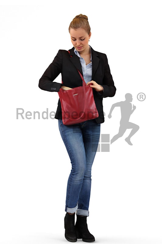 3d people shopping, white 3d woman looking in her purse