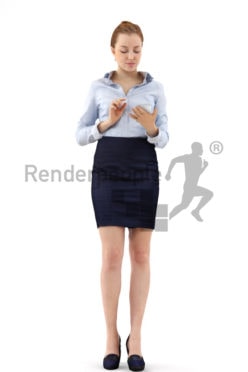 3d people business, white 3d woman standing and typing on her phone