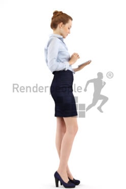 3d people business, white 3d woman standing and typing on her phone