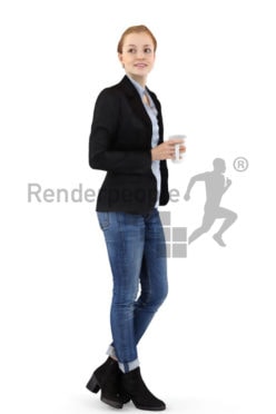 3d people business, white 3d woman standing and holding a cup