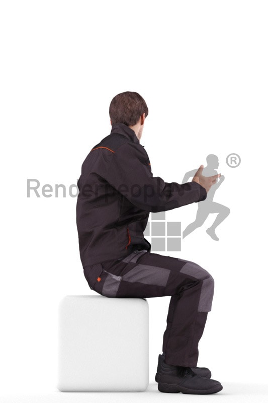 3d people worker, white 3d man driving a fork truck and typing talking