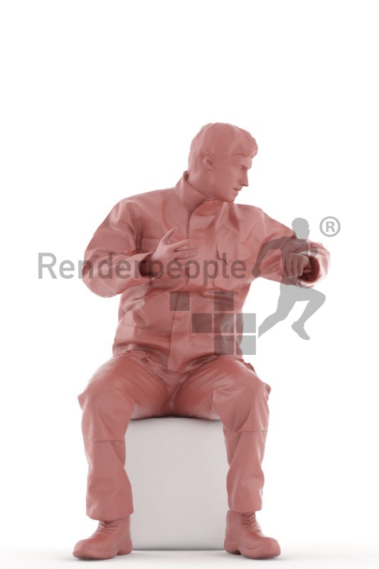 3d people worker, white 3d man driving a fork truck and typing talking