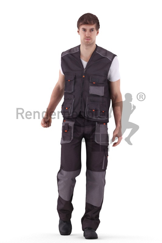 3d people worker, white 3d man walking and operating a lift truck