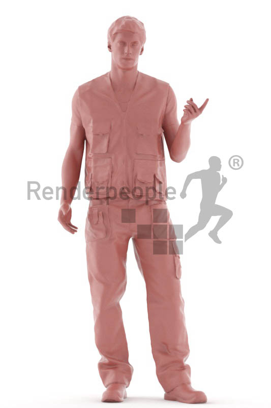 3d people worker, white 3d man standing, talking to someone while pointing somewhere