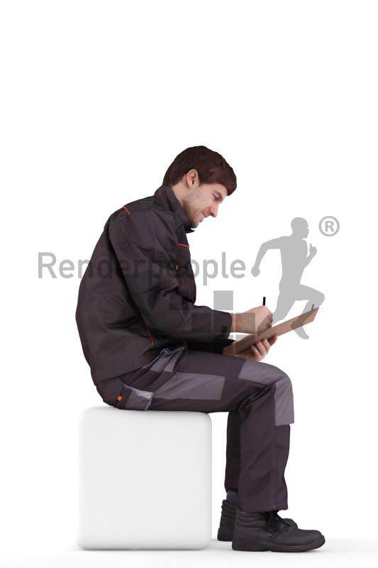 3d people worker, white 3d man sitting writing on his clipboard