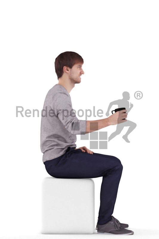 3d people casual, white 3d man sitting and drinking