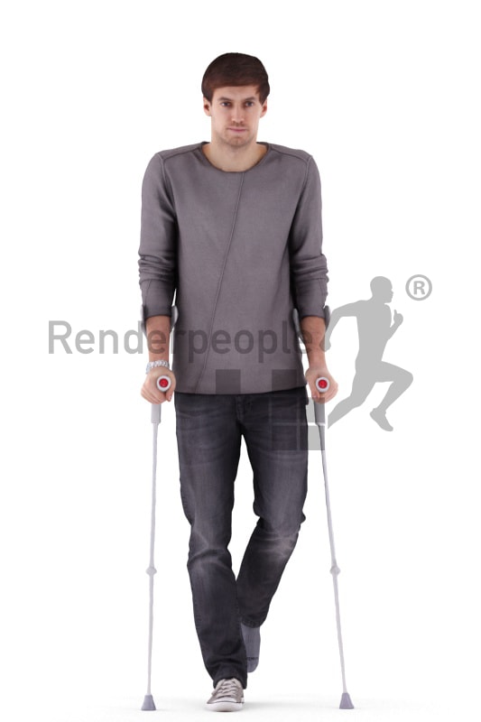 3d people casual, white 3d man walking with crutches