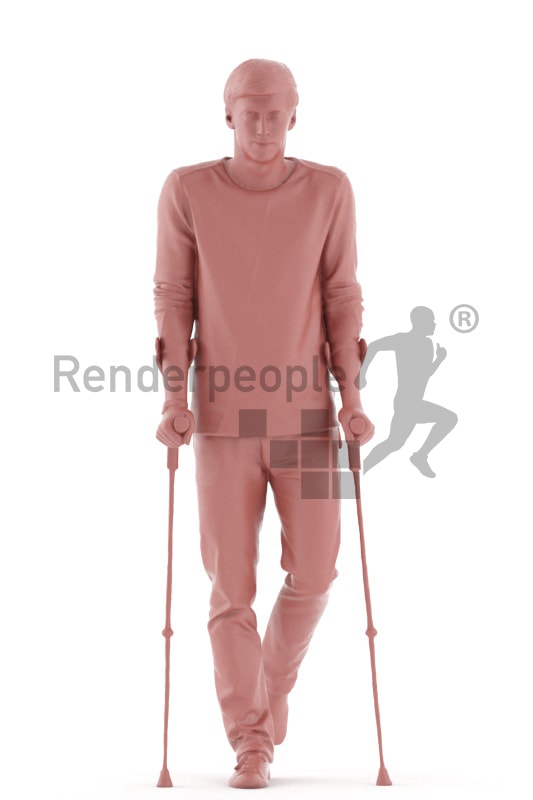 3d people casual, white 3d man walking with crutches