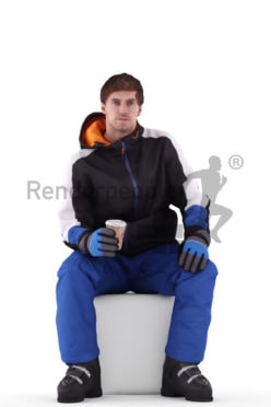 3d people skiing, white 3d man sitting drinking a coffee