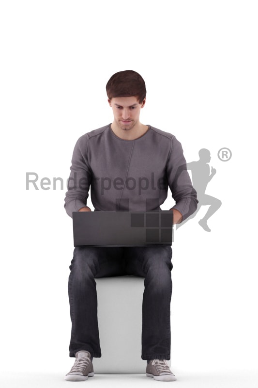 3d people casual, white 3d man sitting and writing on his laptop
