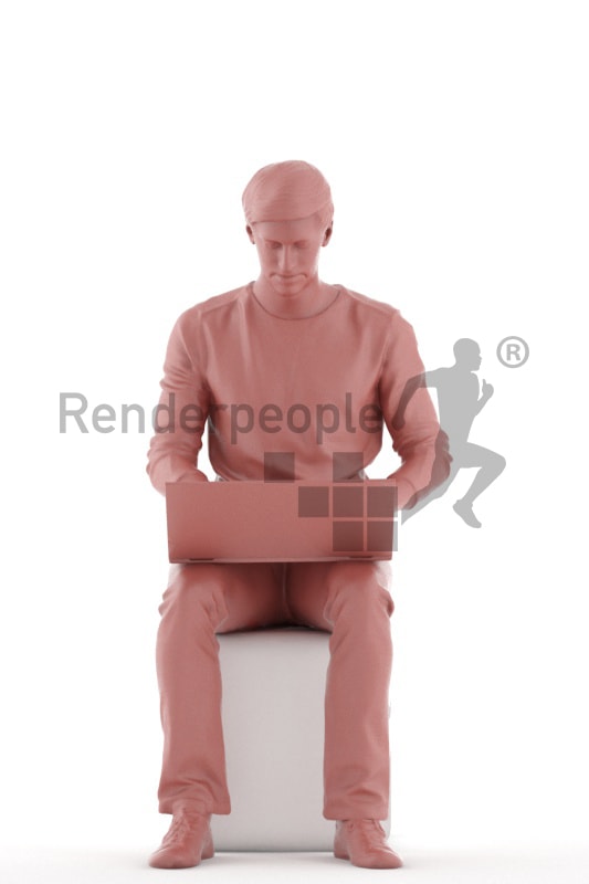 3d people casual, white 3d man sitting and calling