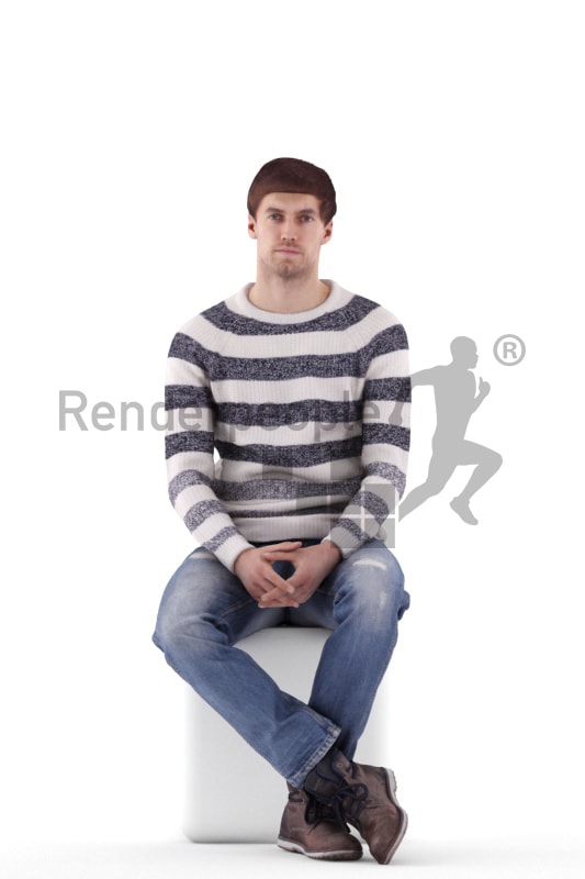 3d people casual, white 3d man sitting and waiting