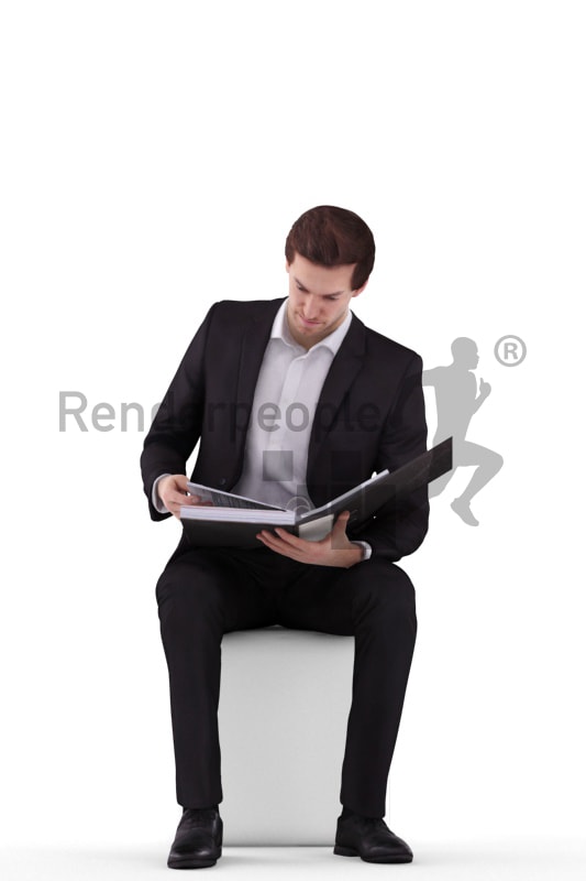3d people business, white 3d man sitting looking into a folder
