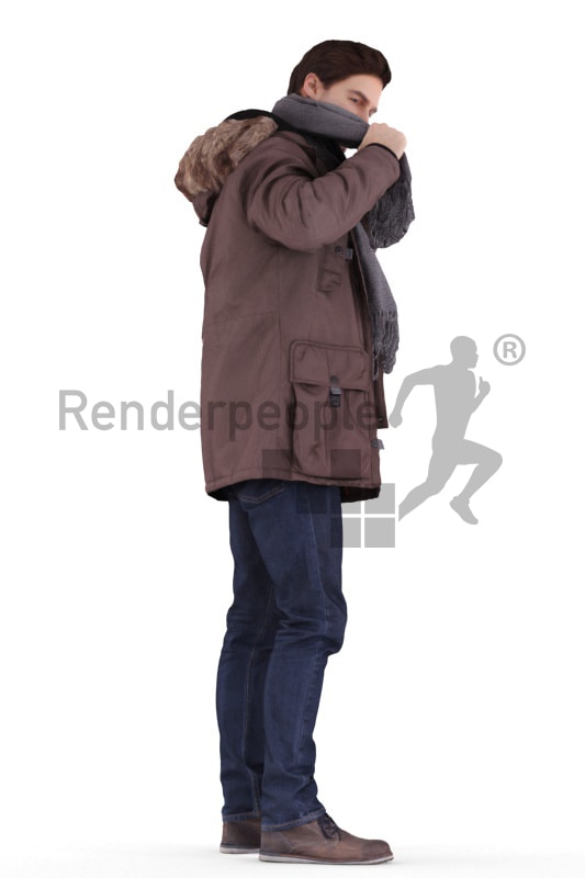 3d people outdoor, white 3d man standing and putting on his scarf