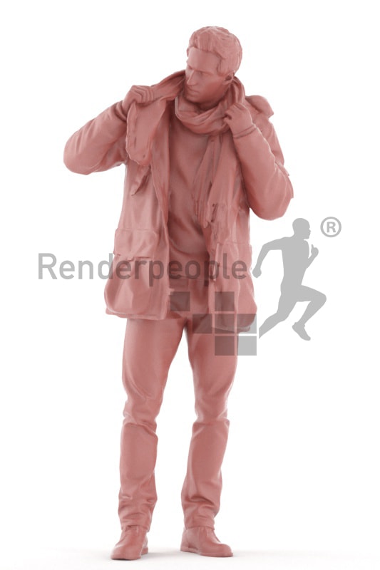 3d people outdoor, white 3d man standing and putting on his scarf