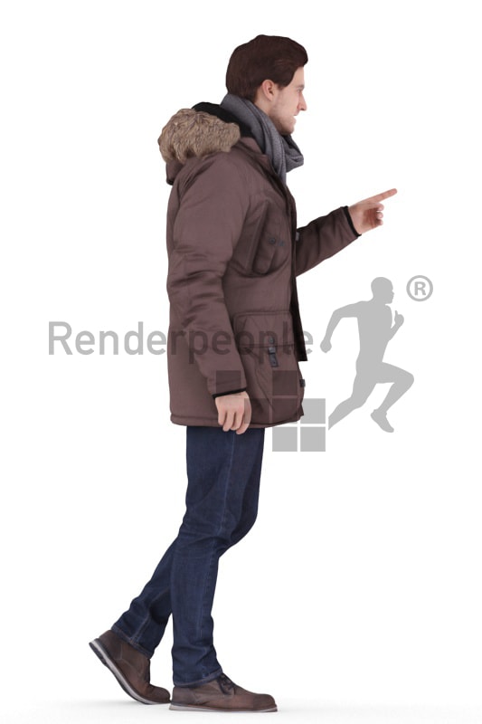 3d people outdoor, white 3d man walking and using an interface