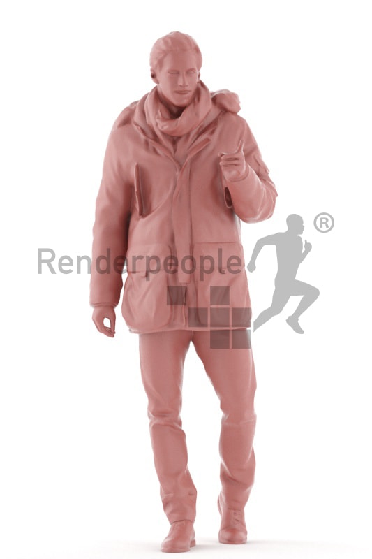 3d people outdoor, white 3d man walking and using an interface