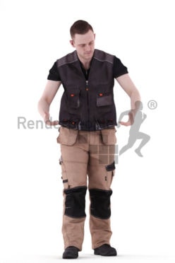 3d people worker, white 3d man standing lifting up a box