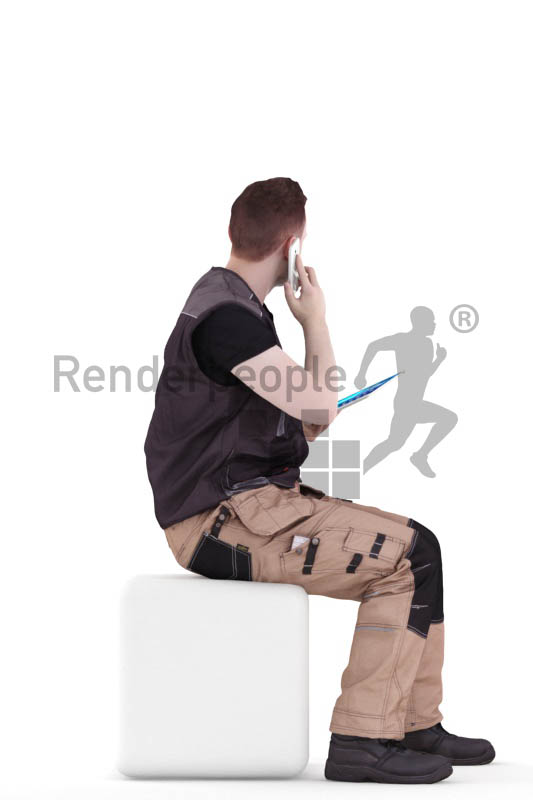 3d people worker, white 3d man sitting and calling someone