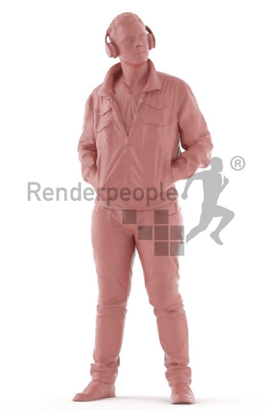 3d people casual, white 3d man standing and listening to music