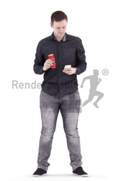 3d people casual, white 3d man standing and holding a soda bottle